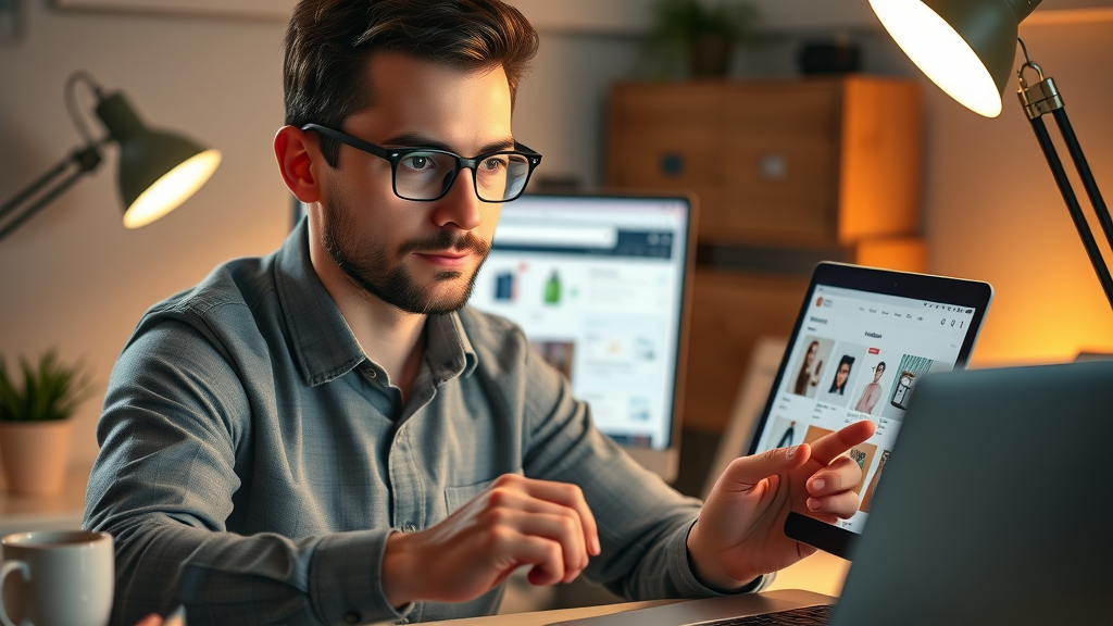 Entrepreneur uploading product photos to Shopify store in cozy workspace, focused and productive.