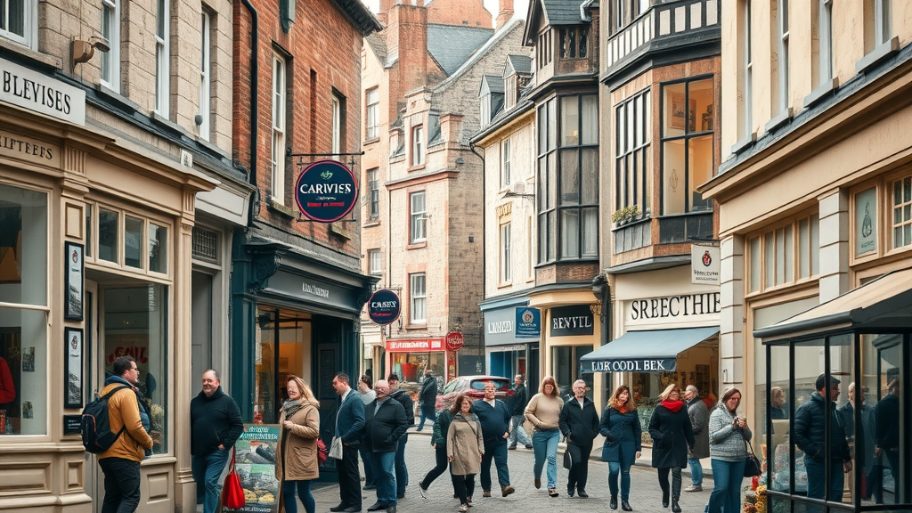 Vivid streetscape of Monmouthshire town centre with local business owners arranging storefronts and bustling community, historic stone buildings and market stalls, local marketing Monmouthshire