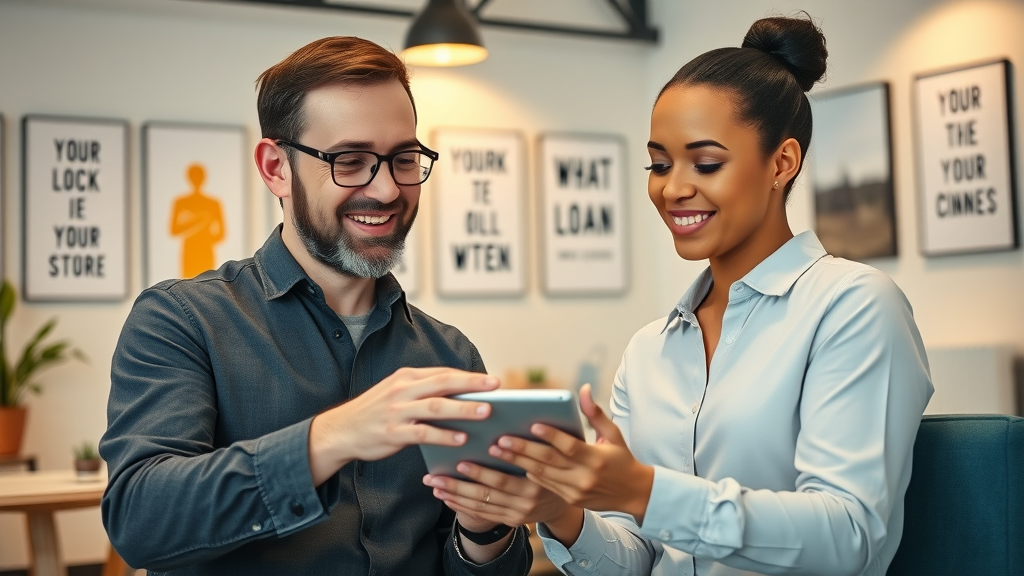 reassuring business coach guiding small business owner through AI tools, small business ai, business owner