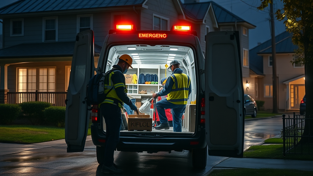 Emergency roofing team arrives at Staten Island home at night for urgent roof leak repair