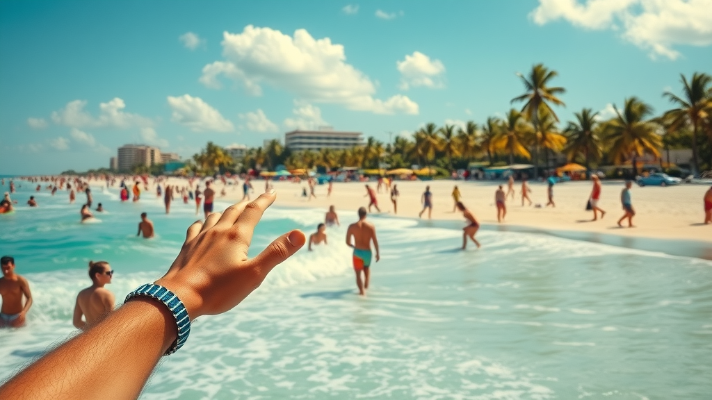 sun-drenched Miami beach with people enjoying the sandy shore, Miami properties near palm trees and waves, highly detailed vibrant colors