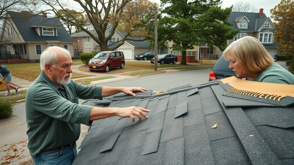 dynamic Staten Island residential neighborhood with concerned homeowners and damaged roof, missing shingles, wind-blown debris, Photorealistic, suburban street, natural daylight
