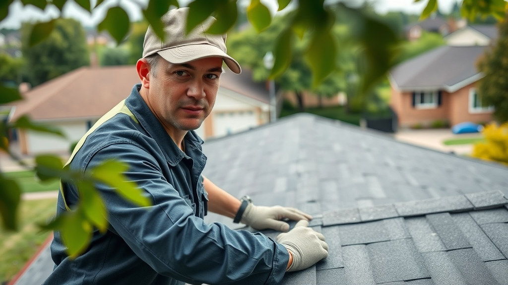 Professional roofer inspecting asphalt shingles on a Staten Island home, roof inspection staten island, photorealistic.