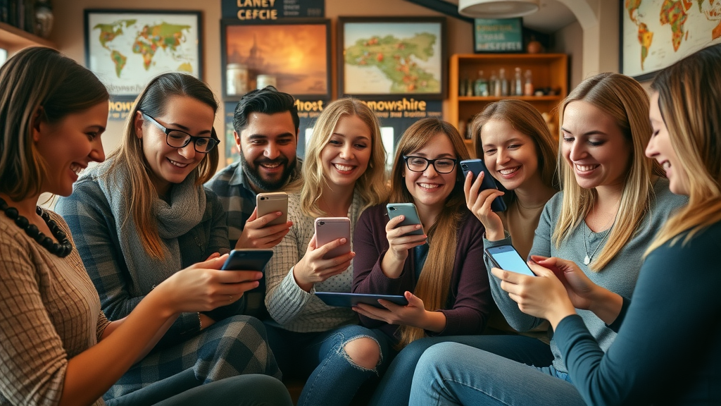 Diverse group of Monmouthshire business owners collaborating on a social media marketing campaign.