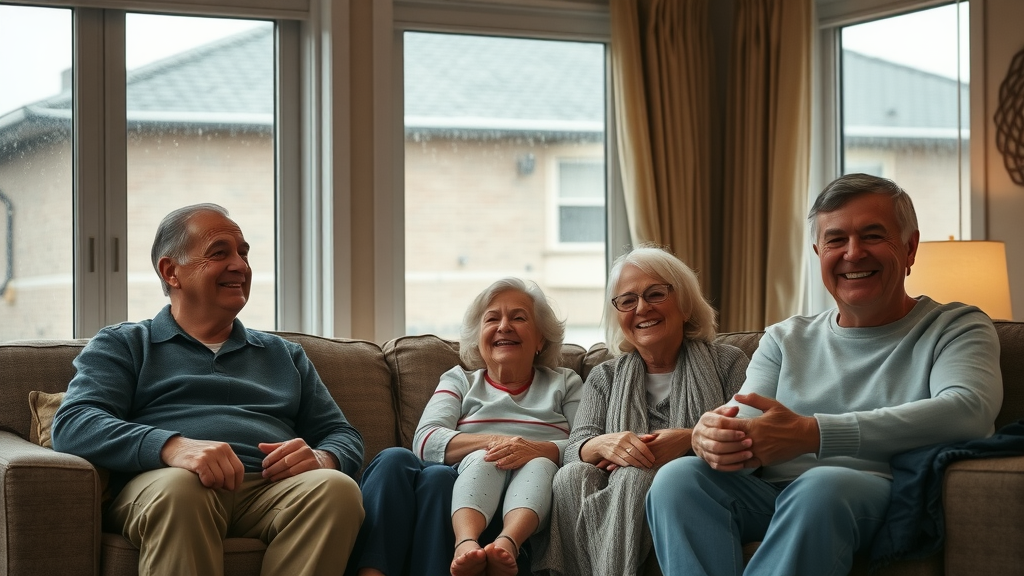 multigenerational Staten Island family relaxing in living room, feeling safe, new clean roof visible, rain outside window