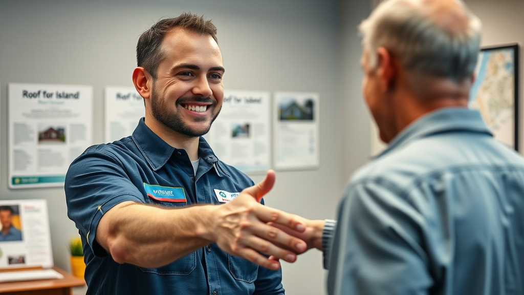 Professional Staten Island roofing contractor offering helpful handshake to local homeowner in office, trustworthy blue and gray setting