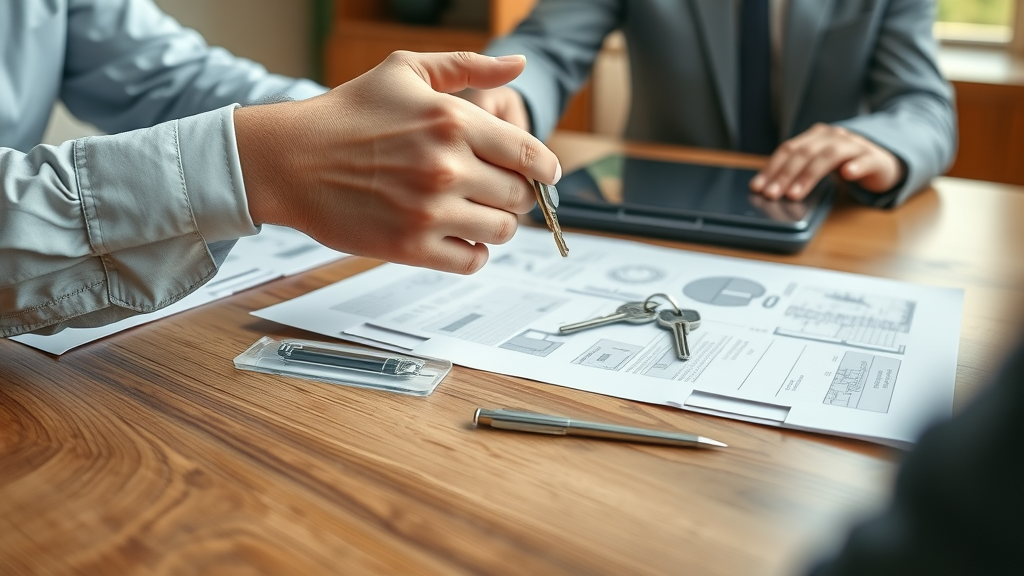 Trustworthy Orange County real estate deal, handshake and home buying paperwork.
