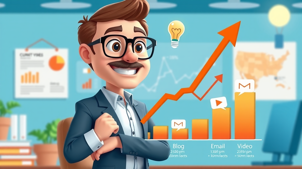 infographic with upward-trending graph and icons of blog, email, and video content marketing channel growth