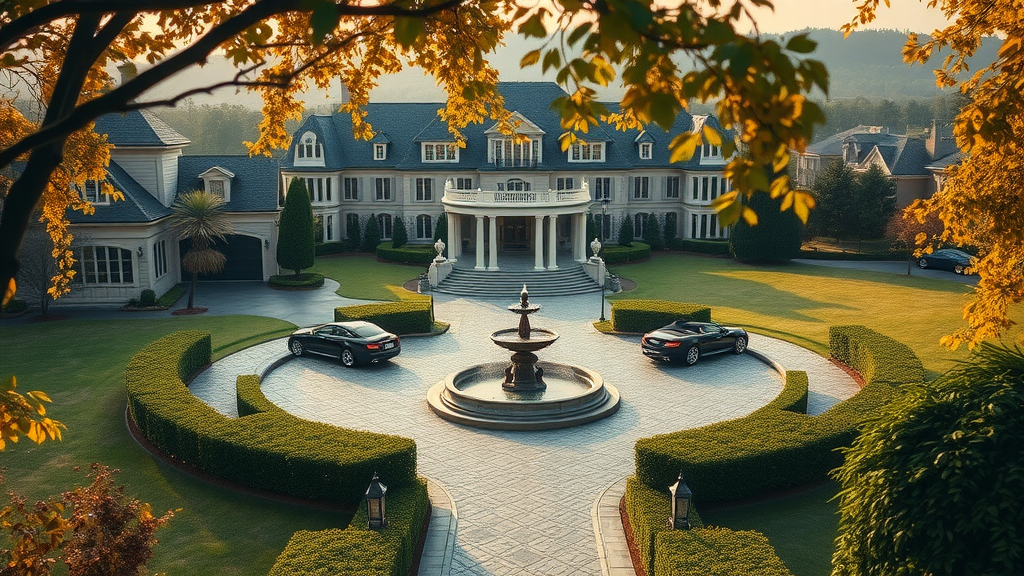 Gated luxury mansion with landscaped grounds for high-end real estate sales.
