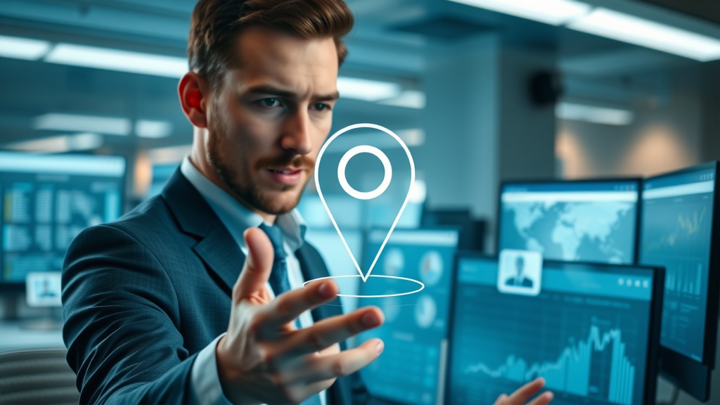sleek map pin icon over digital map with entrepreneur analyzing local SEO data, search engine context, office background