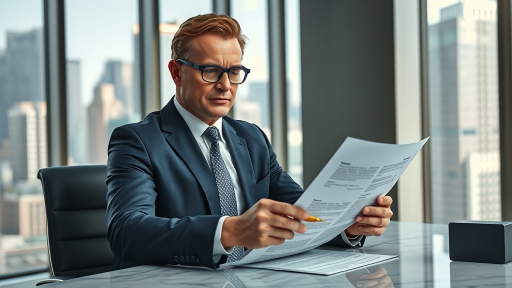 Luxury real estate sales consultant reviewing documents in modern office setting.