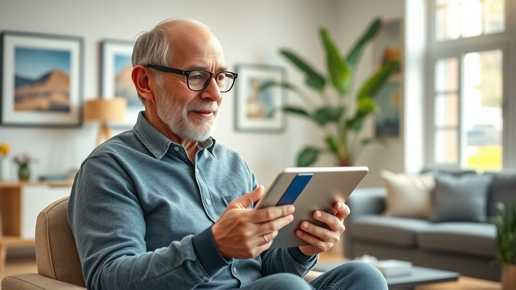 Senior man reviewing home warranty options in a sunlit living room