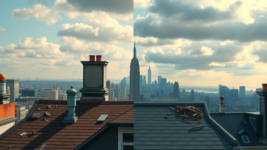 Side-by-side comparison of well-maintained and storm-damaged rooftop, roof inspection staten island, urban NYC skyline, photorealistic.