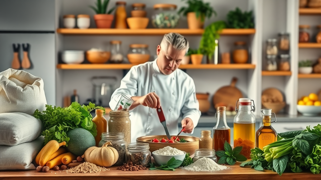 Chef preparing creative meal using whole sale foods in a modern kitchen