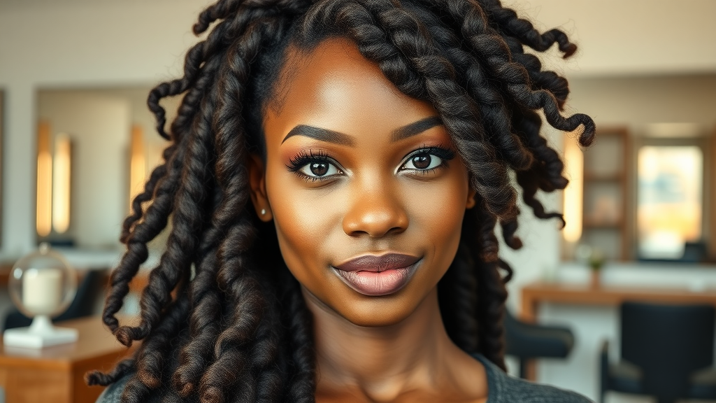 Modern hair crochet style on a confident woman in a bright salon setting