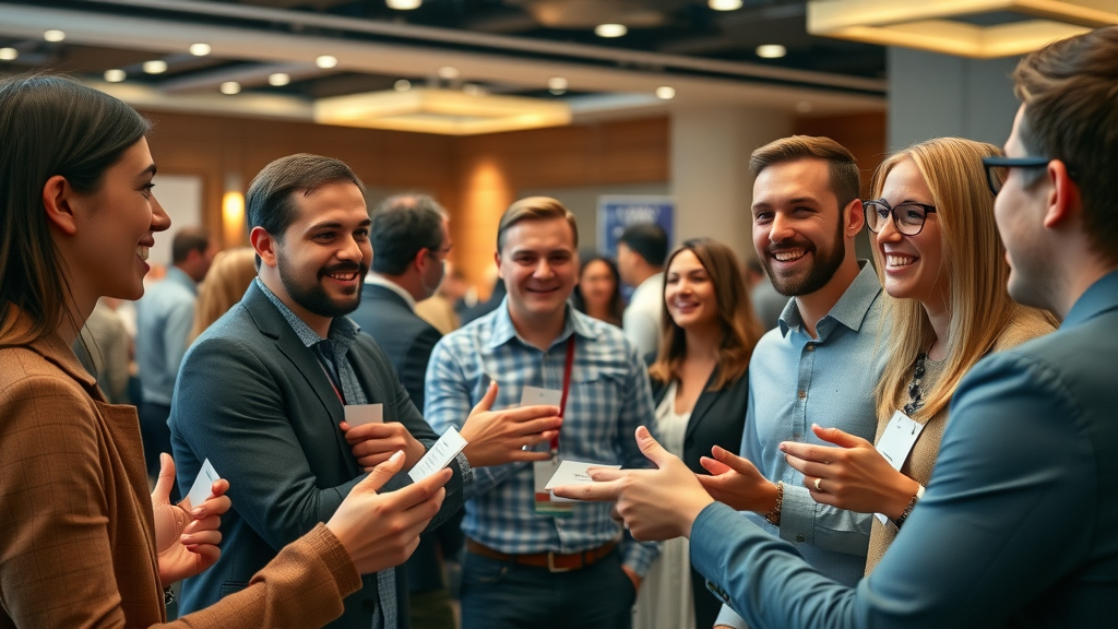 Dynamic networking event for empowering local entrepreneurs, exchanging business cards, local community engagement, modern event hall, highly detailed, cheerful and welcoming