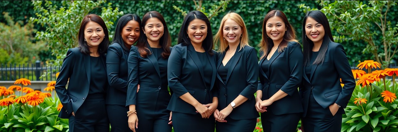 Professional women team outdoors showcasing luxury coastal living style in garden