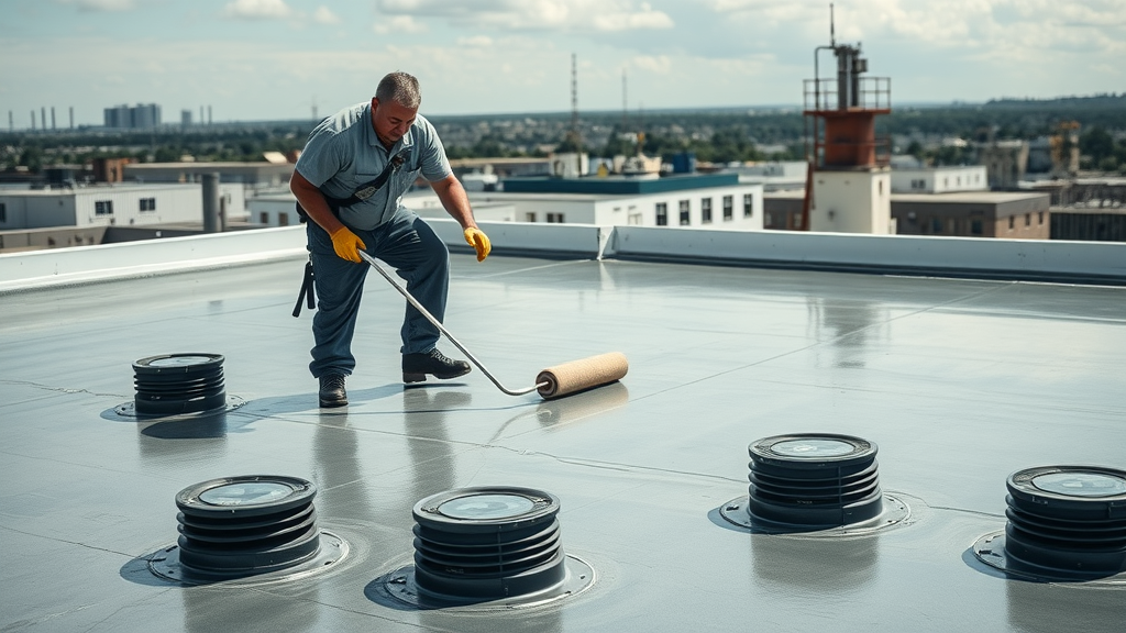 Professional applying waterproof membrane on flat roof staten island