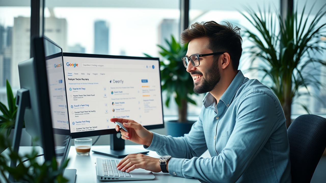 marketing manager analyzing hvac company search results boosted by online reviews improvement