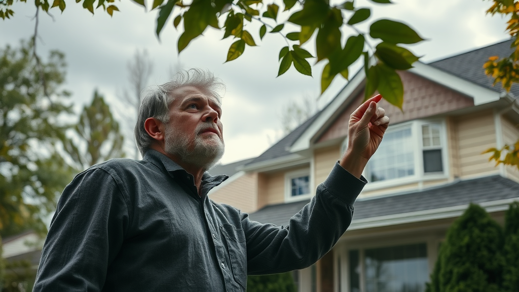 Suburban Staten Island home with homeowner examining damaged roof after storm; roof repair staten island
