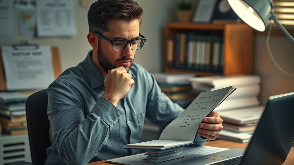 Determined entrepreneur analyzing obstacles at small office desk, empowering local entrepreneurs through community engagement, paperwork, reflective and resilient pose, photorealistic