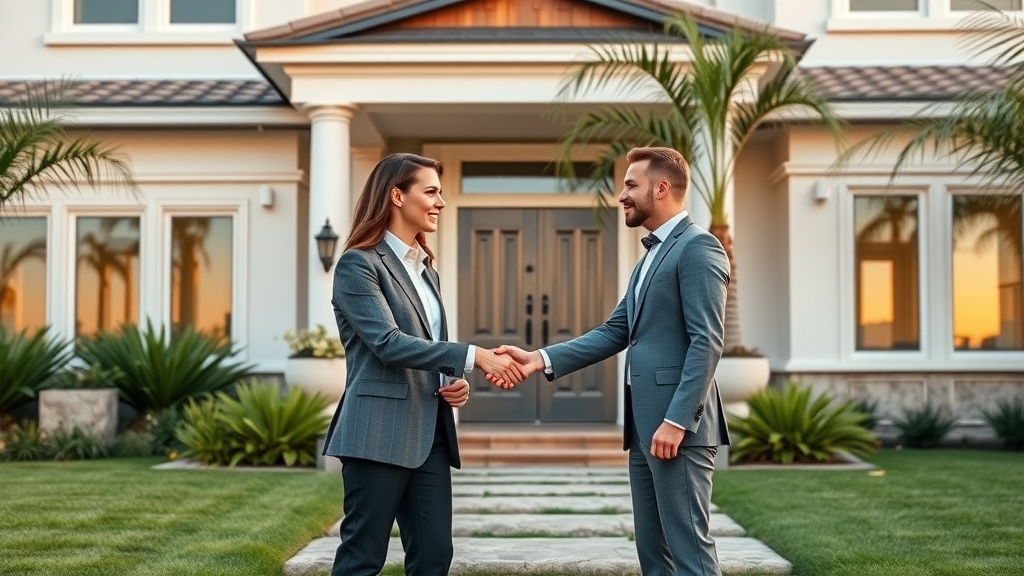 Huntington Beach real estate agents handing keys to new homeowners coastal property