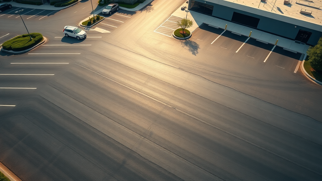 Aerial view of freshly sealed asphalt parking lot with cost-effective seal coating in Muskegon, clean lines, smooth surface, and vibrant landscaping