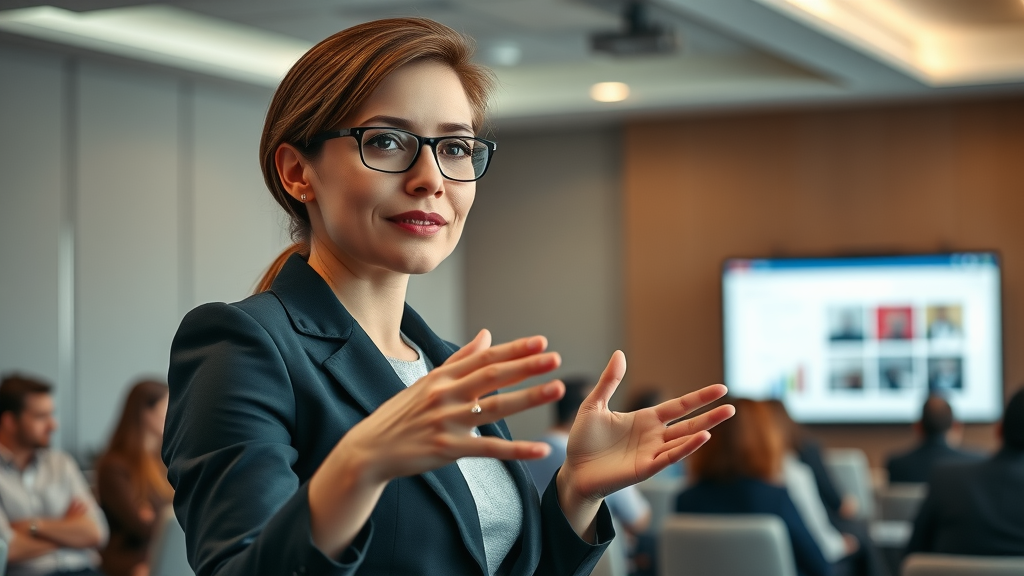 female dei consultant leading training session with confident delivery in consulting firm