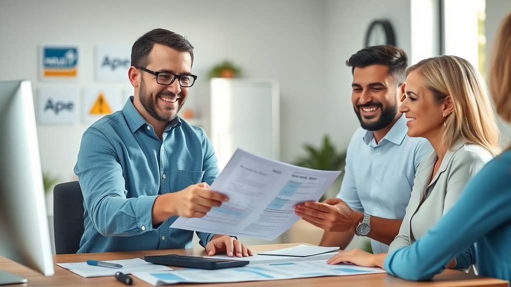 experienced move consultant discussing a moving checklist with clients in a branded moving company office