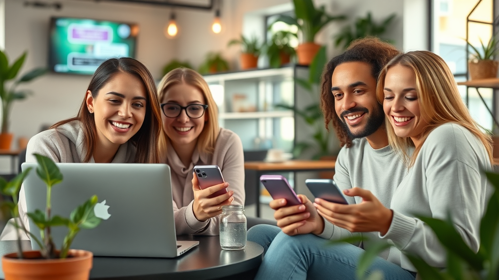 diverse online user community connecting via laptops and smartphones, sharing and engaging with event hashtags in a cozy digital café