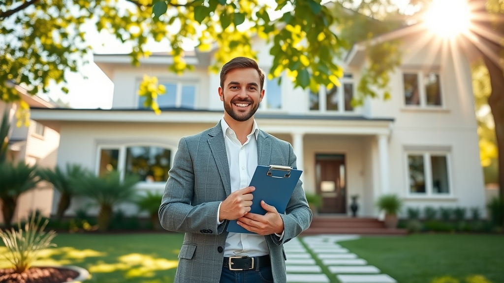 Confident agent at modern home, real estate expertise for smooth buying or selling.
