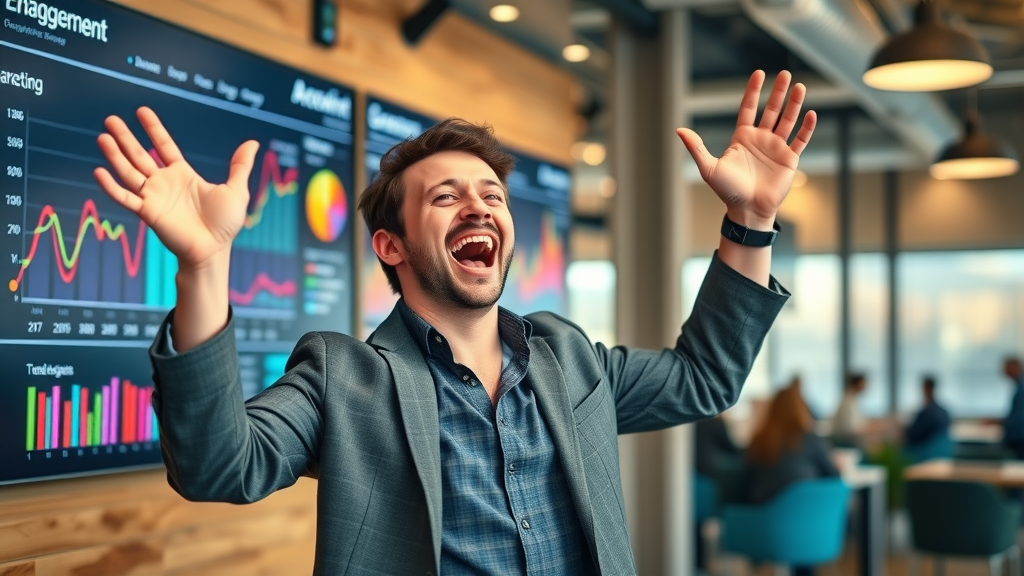Ecstatic marketing manager celebrating higher engagement statistics after successful repurposed blog post campaigns