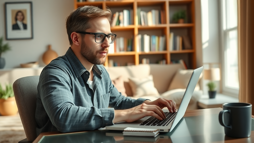 motivated writer creating guest blog post for link building in home office, laptop and coffee cup