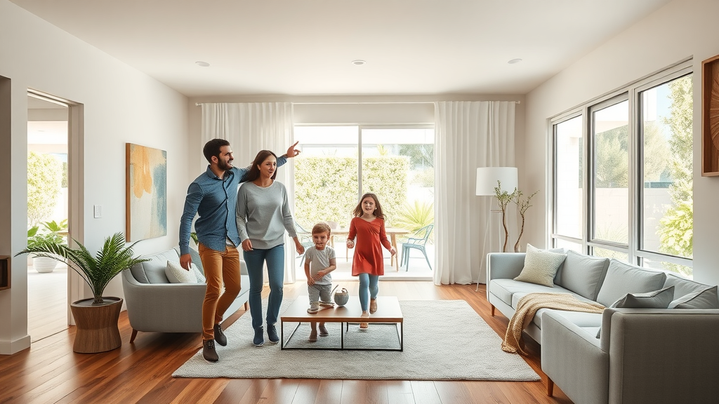 Orange County home buying, modern interior with family and real estate agent.
