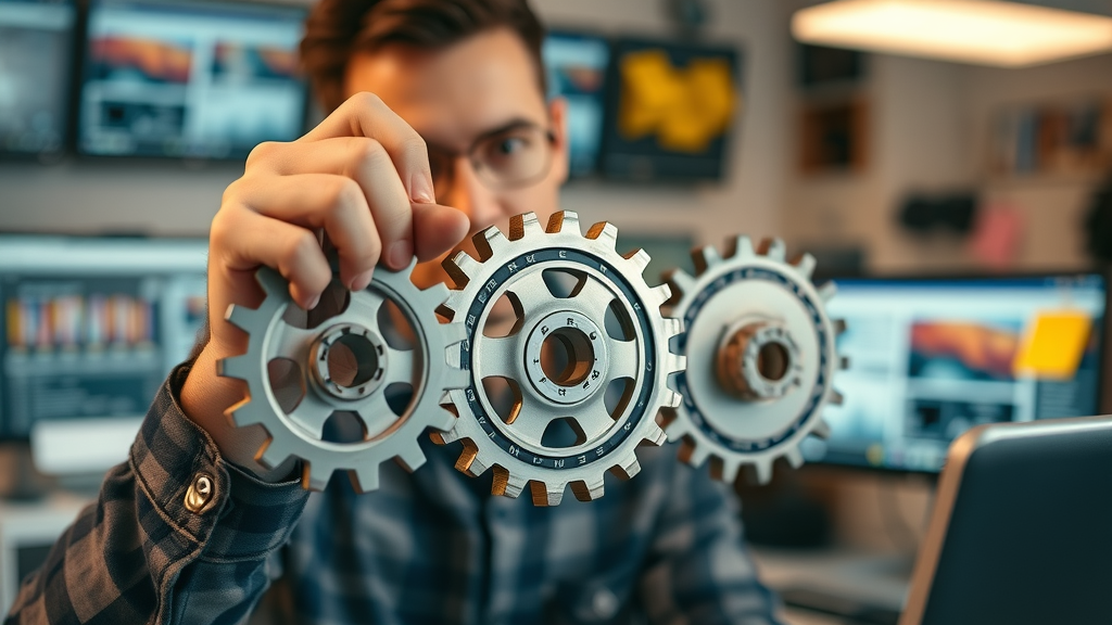content, consistency, and conversion represented by colorful, interlocking gears—content marketing elements