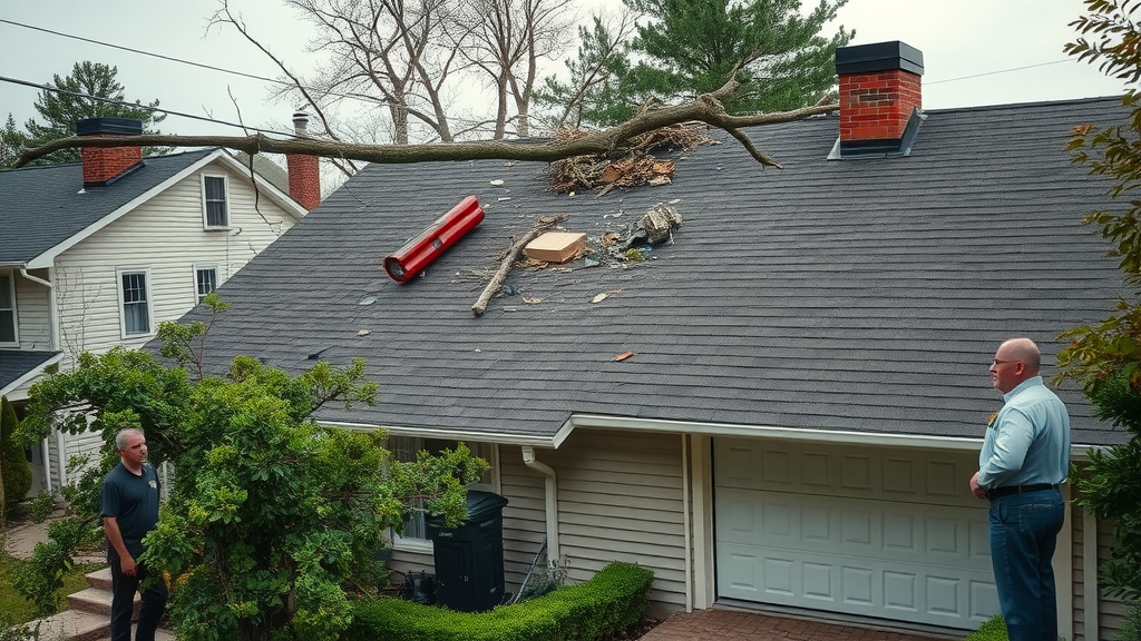 emergency roof repair staten island after tree damage with homeowners watching from driveway