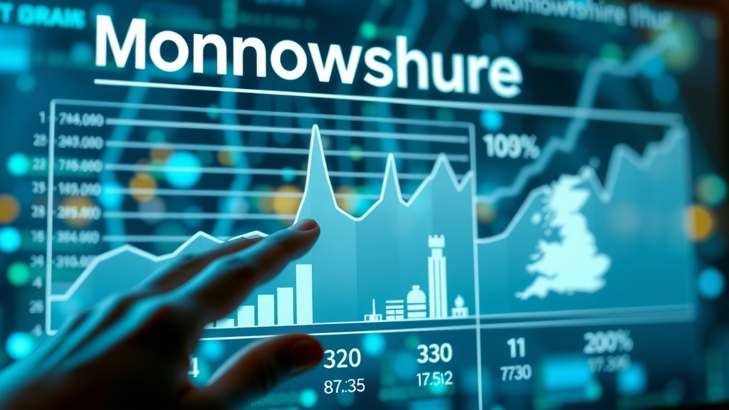 Dynamic business statistics for Monmouthshire with upward graphs, local icons, and digital marketing trends, regional business growth in local marketing Monmouthshire