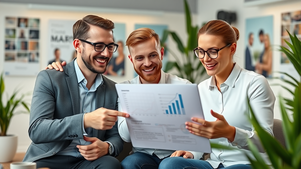 Dynamic Monmouthshire business owners collaborating on digital marketing strategies, optimistic teamwork and laptop insights, modern office setting, Monmouthshire branding, crisp natural lighting, digital marketing focus, no disfigured limbs or text