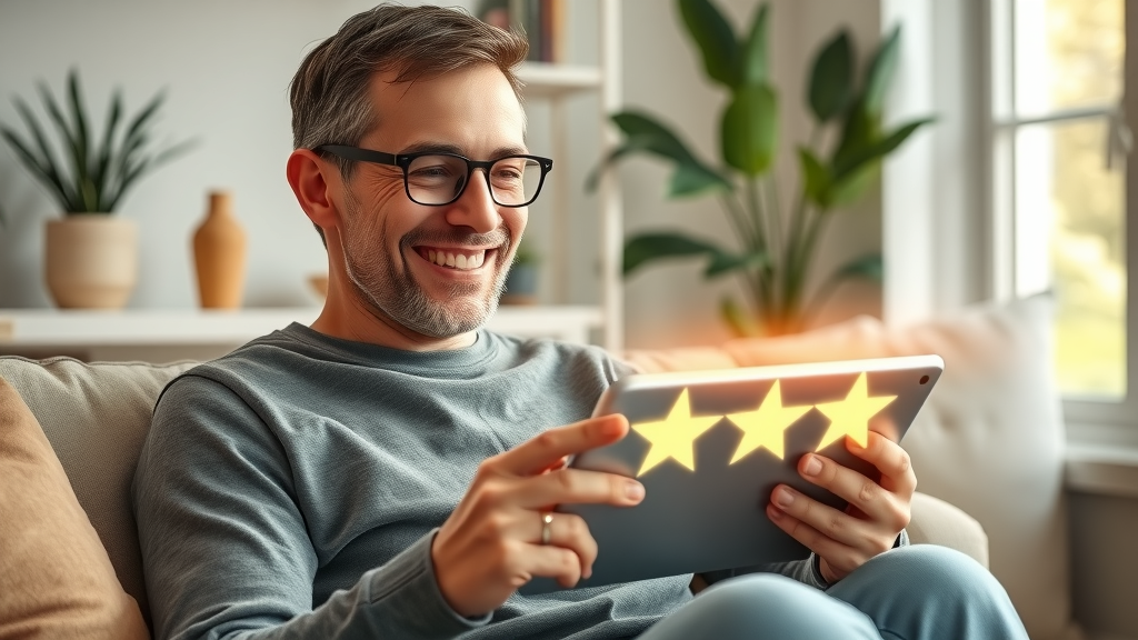 Cheerful customer reading 5 star reviews in comfortable home setting