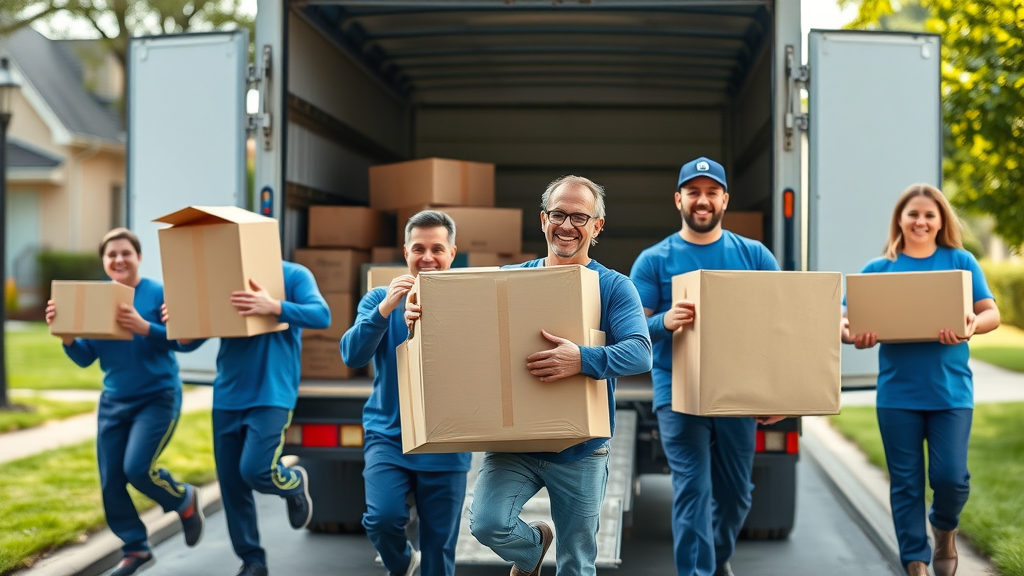cheerful professional moving team carrying boxes and furniture into a moving truck for a local move