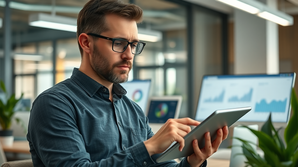 marketing strategist analyzing audience engagement analytics on tablet in a modern office, emphasizing understanding the target audience