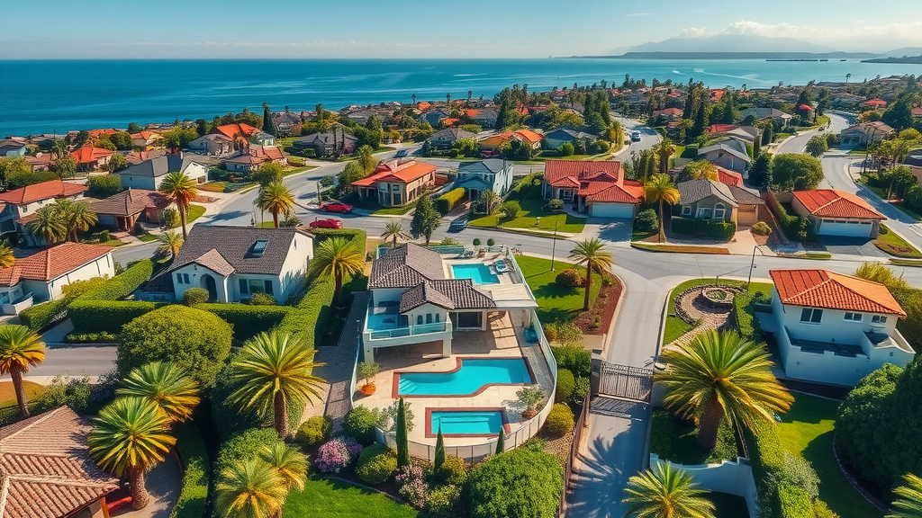 Aerial view of Orange County realty landscape with pools and coastline