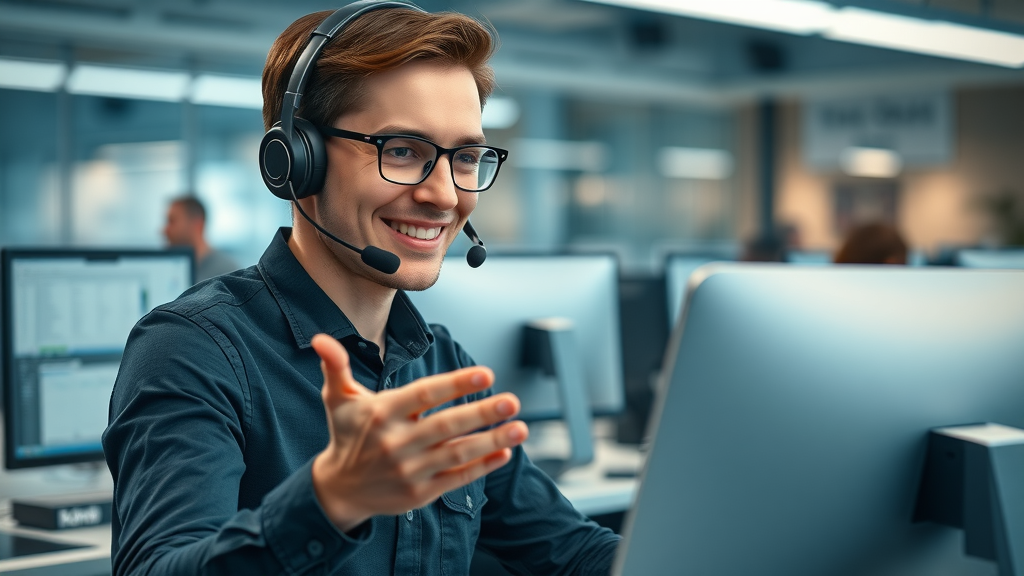 Customer service representative assisting online customer in Shopify FAQ section with friendly mid-gesture.