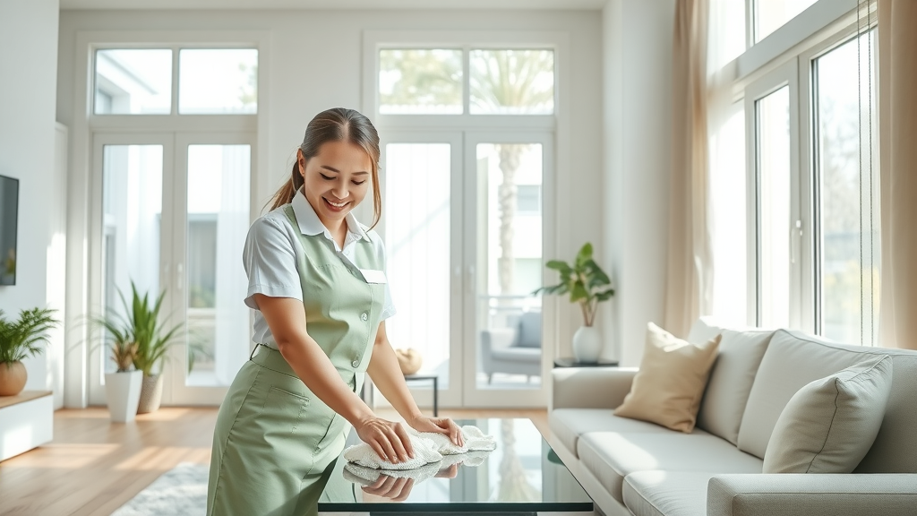 Cheerful professional from local cleaning service tidying a spotless living room