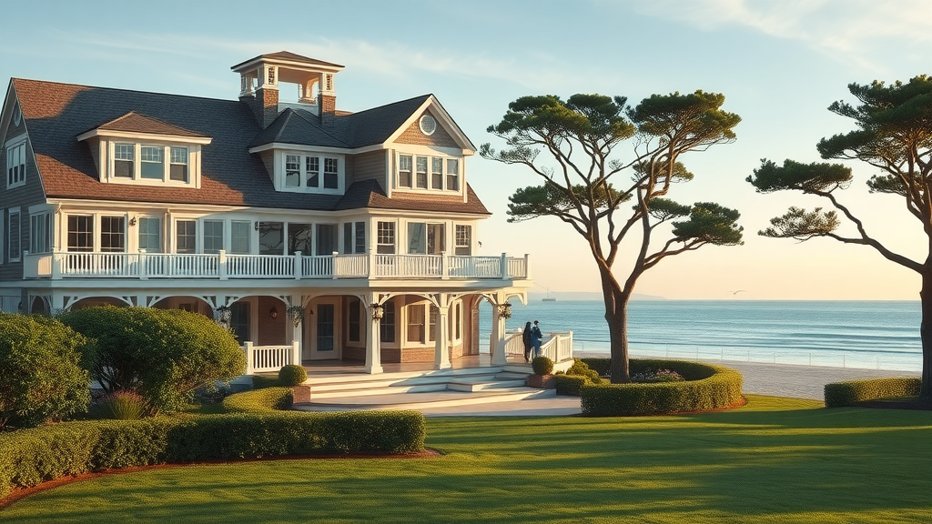 Cape Cod style luxury Newport Beach home, oceanfront, couple on veranda.
