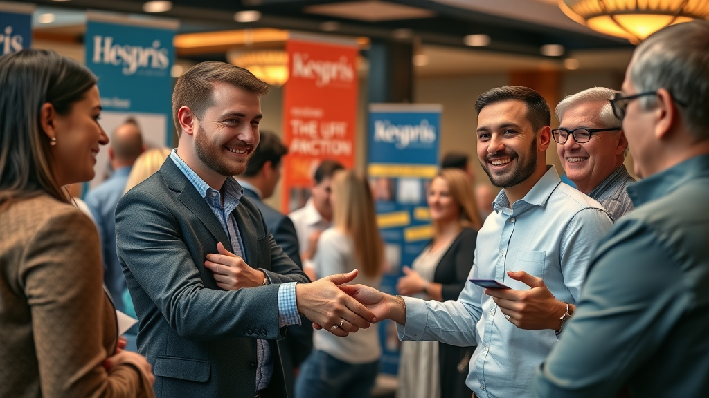 local business owners networking and exchanging business cards for local link building in SEO, branded event space