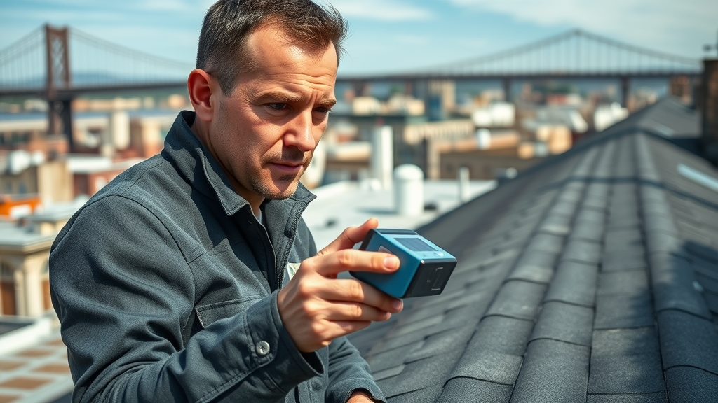 Roofing inspector using moisture detection tool on Staten Island roof - thorough island roof inspection