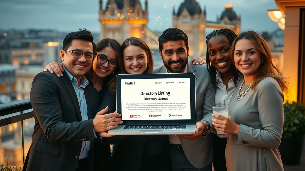 Diverse business team celebrating successful London business directory listing for marketing