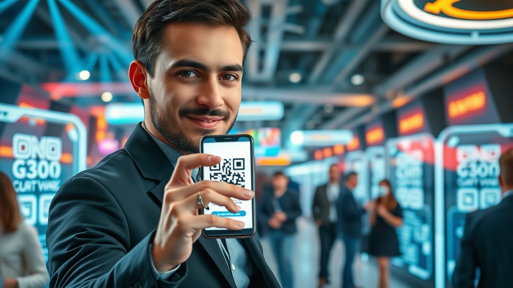 professional marketer holding a smartphone displaying a qr code to accelerate real-time audience engagement at an event, futuristic environment