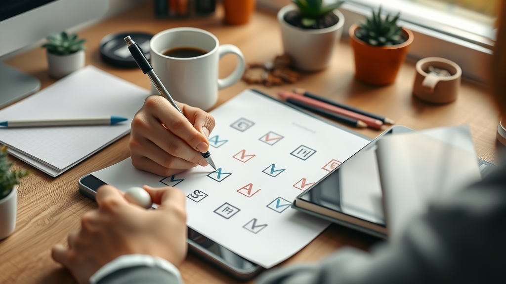digital marketer working through an off-page SEO checklist, organized desk, reviewing tasks